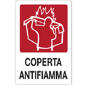 cartello "coperta antifiamma", con scritta