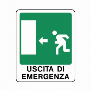 cartello "uscita di emergenza" verso sinistra, con scritta