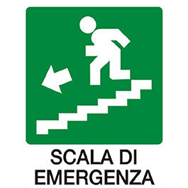 cartello Direzione d'esodo su scale a sinistra con scritta